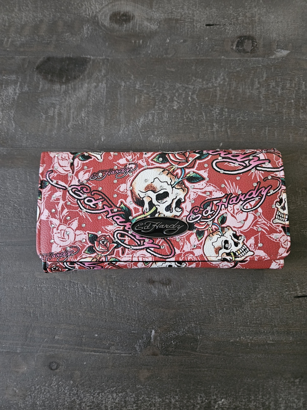 Ed Hardy NEW Red Skull Rose Tattoo Edgy Wallet Clutch Rhinestone Snap Closure